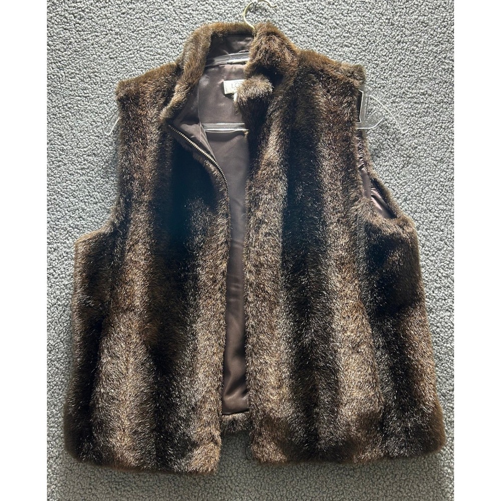 Ann Taylor LOFT Faux Fur Vest Womens MP Brown Petite Glam Layering Outerwear